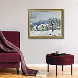 «The Place du Chenil at Marly-le-Roi, Snow, 1876» в интерьере гостиной в бордовых тонах