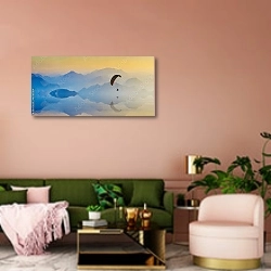 «Парашютист над горным озером» в интерьере современной гостиной с розовой стеной