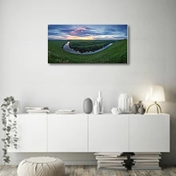 «Закат на Красивой Мече. Тульская обл.» в интерьере стильной минималистичной гостиной в белом цвете