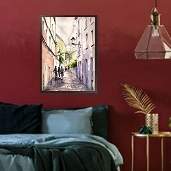 «Акварельная улица Парижа» в интерьере спальни с акцентной стеной