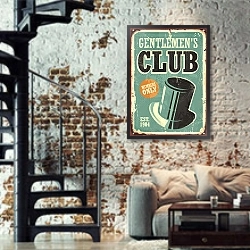 «Клуб джентельменов, ретро плакат» в интерьере двухярусной гостиной в стиле лофт с кирпичной стеной