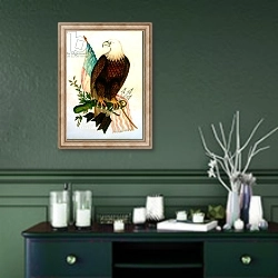 «Bald eagle with flag» в интерьере прихожей в зеленых тонах над комодом