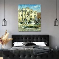 «Trevi Fountain, Rome,» в интерьере современной спальни с черной кроватью