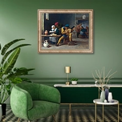 «Крестьяне, музицирующие в гостинице» в интерьере гостиной в зеленых тонах