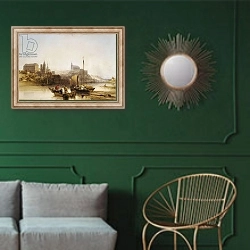 «Blois on the Loire, 1840» в интерьере классической гостиной с зеленой стеной над диваном