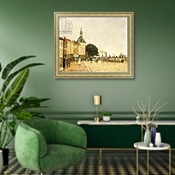 «Dordrecht, La Ville, 1884» в интерьере гостиной в зеленых тонах