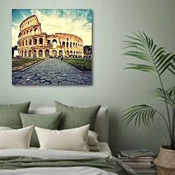 «Италия. Рим. Колизей днем» в интерьере современной спальни в зеленых тонах