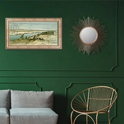 «The Suez Canal 1869» в интерьере классической гостиной с зеленой стеной над диваном