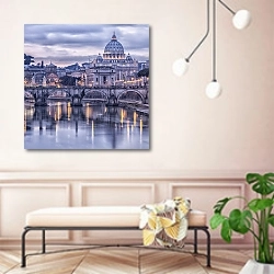 «Италия. Рим. Река Тибр в сумерках» в интерьере современной прихожей в розовых тонах