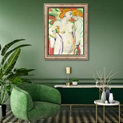 «Nudes in Cinnabar, 1910» в интерьере гостиной в зеленых тонах