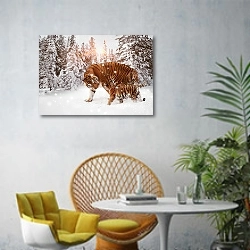 «Тигр с тигренком в зимнем лесу» в интерьере современной гостиной с желтым креслом