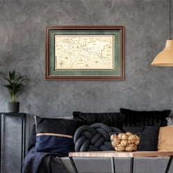 «Винтажная карта мира с границами» в интерьере гостиной в стиле лофт в серых тонах