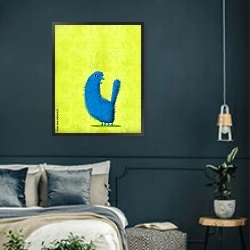 «Поющий синий кот» в интерьере зеленой гостиной над диваном