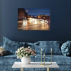 «Москва. Болотная улица» в интерьере современной гостиной в синем цвете