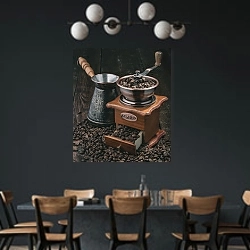 «Ручная кофемолка» в интерьере столовой с черными стенами