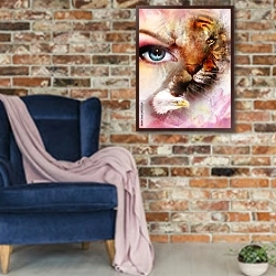 «Орел, тигр и глаза женщины на абстрактном фоне» в интерьере в стиле лофт с кирпичной стеной и синим креслом