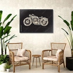 «Винтажный мотоцикл» в интерьере комнаты в стиле ретро с плетеными креслами