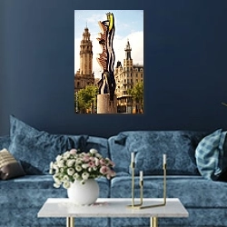 «Испания. Барселона. Статуя» в интерьере современной гостиной в синем цвете