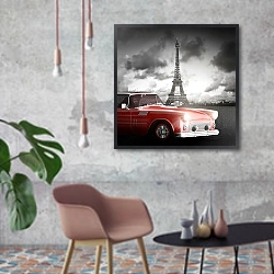 «Красный автомобиль у Эйфелевой башни» в интерьере в стиле лофт с бетонной стеной