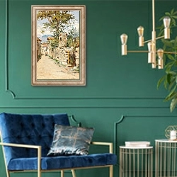 «A Southern Street Scene with two Children» в интерьере в классическом стиле с зеленой стеной