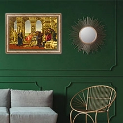 «Calumny of Apelles, 1497-98» в интерьере классической гостиной с зеленой стеной над диваном