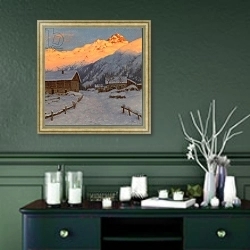 «Evening on the mountain, Haute-Savoie» в интерьере прихожей в зеленых тонах над комодом