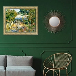 «L'Estaque, 1882» в интерьере классической гостиной с зеленой стеной над диваном