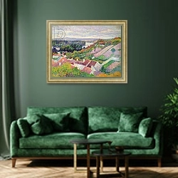 «Landscape» в интерьере зеленой гостиной над диваном
