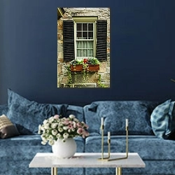 «Окно со ставнями и цветником» в интерьере современной гостиной в синем цвете