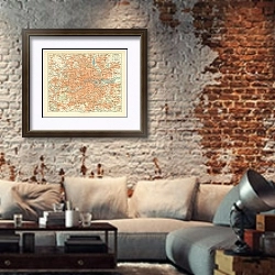 «Карта Лондона с пригородами 1» в интерьере гостиной в стиле лофт с кирпичной стеной