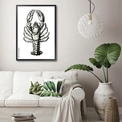 «Ретро-иллюстрация морского лобстера» в интерьере светлой гостиной в скандинавском стиле над диваном