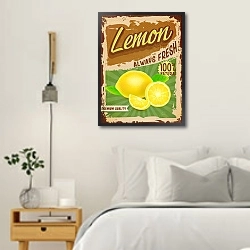 «Ретро плакат с лимонами» в интерьере белой спальни в скандинавском стиле