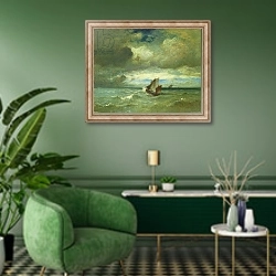 «Choppy Sea, c.1870» в интерьере гостиной в зеленых тонах
