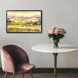 «Акварельный тосканский пейзаж» в интерьере гостиной в бордовых тонах