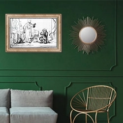 «Parable of the ruthless creditor» в интерьере классической гостиной с зеленой стеной над диваном