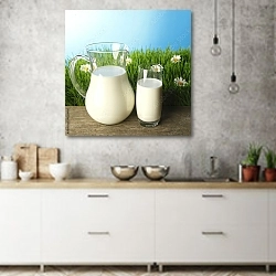 «Стакан и графин молока на цветочном лугу» в интерьере современной кухни над раковиной