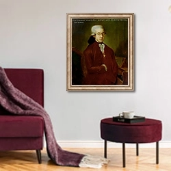 «Portrait of Wolfgang Amadeus Mozart after 1770» в интерьере гостиной в бордовых тонах