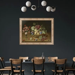 «Натюрморт с фруктами в корзине и цветами в вазе» в интерьере столовой с черными стенами