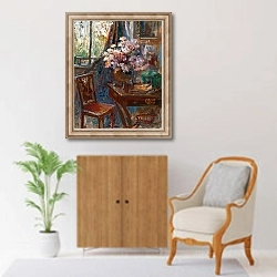 «Interior with Flowers by the Window» в интерьере в классическом стиле над комодом