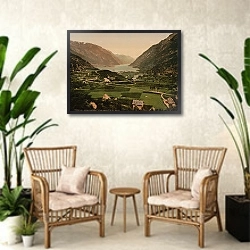 «Норвегия. Одда, живописный общий вид» в интерьере комнаты в стиле ретро с плетеными креслами
