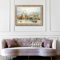 «The Tower of London from the Thames» в интерьере гостиной в классическом стиле над диваном