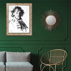 «Self-portrait as a young man, c.1628» в интерьере классической гостиной с зеленой стеной над диваном