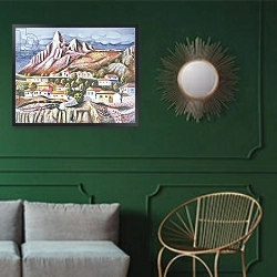 «Melnik, 1973» в интерьере классической гостиной с зеленой стеной над диваном