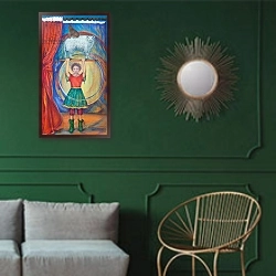 «Acrobats, 2013» в интерьере классической гостиной с зеленой стеной над диваном