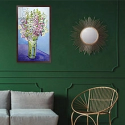 «Foxgloves and Campanulas,2005» в интерьере классической гостиной с зеленой стеной над диваном