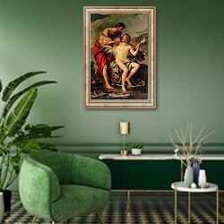«Daedalus Attaching Icarus' Wings, c.1754» в интерьере гостиной в зеленых тонах