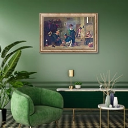 «Доктор, наклонившийся над ногой пациента» в интерьере гостиной в зеленых тонах