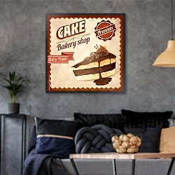 «Ретро плакат с шоколадным пирожным» в интерьере гостиной в стиле лофт в серых тонах