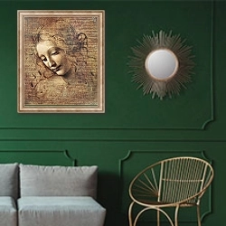 «Head of a Young Woman with Tousled Hair or, Leda» в интерьере классической гостиной с зеленой стеной над диваном
