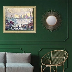 «The Port of Volendam, 1896» в интерьере классической гостиной с зеленой стеной над диваном